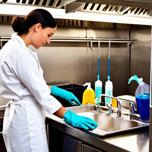 **A clean and organized commercial kitchen showcasing staff members actively following a cleaning schedule checklist, using appropriate cleaning supplies and demonstrating proper hygiene practices (hand washing, gloves). The overall atmosphere should be bright, efficient, and focused on food safety.**