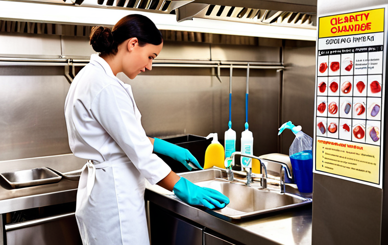 **A clean and organized commercial kitchen showcasing staff members actively following a cleaning schedule checklist, using appropriate cleaning supplies and demonstrating proper hygiene practices (hand washing, gloves). The overall atmosphere should be bright, efficient, and focused on food safety.**